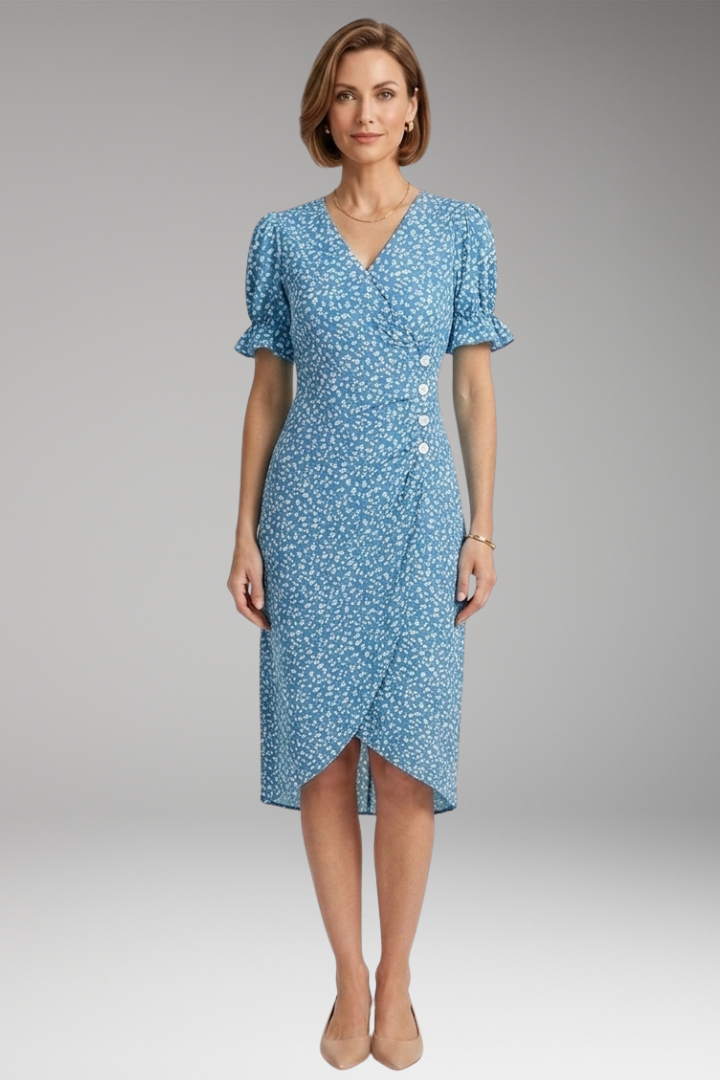 Women's Floral Dress with V-Neckline and Lightweight Fabric