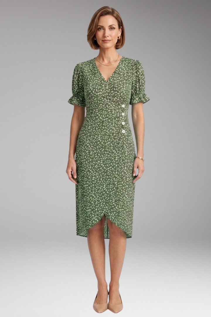 Women's Floral Dress with V-Neckline and Lightweight Fabric