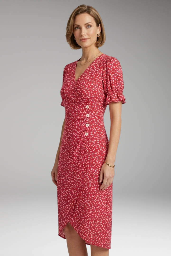 Women's Floral Dress with V-Neckline and Lightweight Fabric