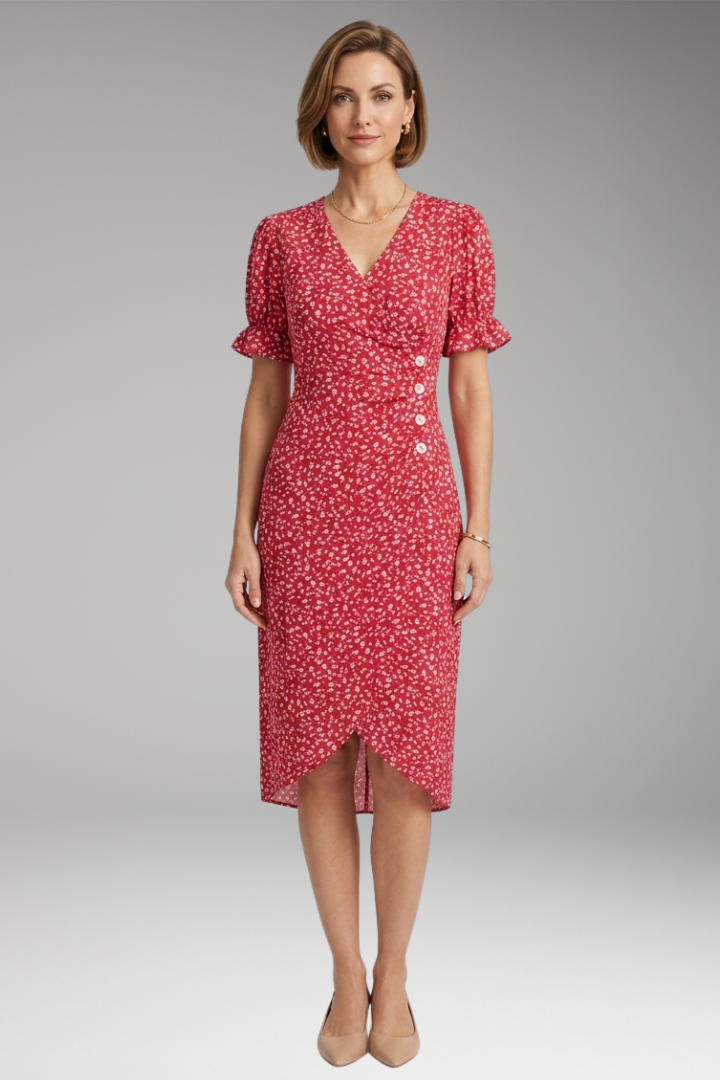 Women's Floral Dress with V-Neckline and Lightweight Fabric