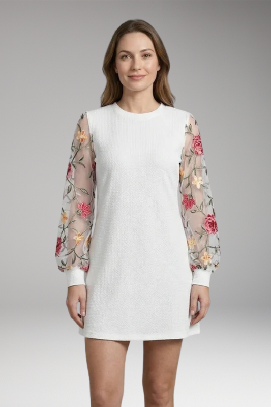 Women's Floral Embroidered Bishop Sleeve Dress with Sheer Sleeves