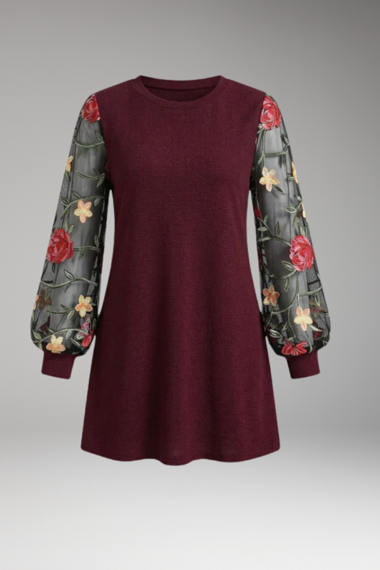 Women's Floral Embroidered Bishop Sleeve Dress with Sheer Sleeves