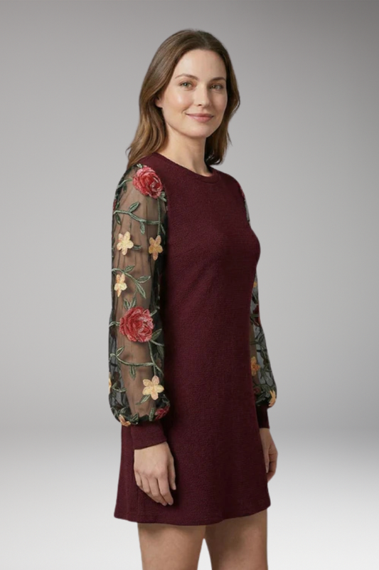 Women's Floral Embroidered Bishop Sleeve Dress with Sheer Sleeves