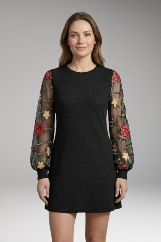 Women's Floral Embroidered Bishop Sleeve Dress with Sheer Sleeves