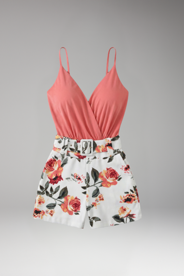 Women's Floral Jumpsuit with V Neck and Belted Waist