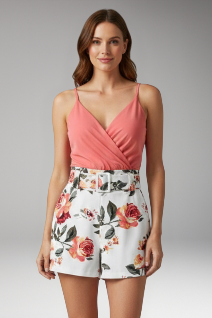Women's Floral Jumpsuit with V Neck and Belted Waist