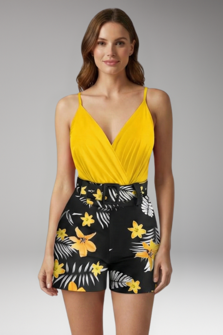 Women's Floral Jumpsuit with V Neck and Belted Waist