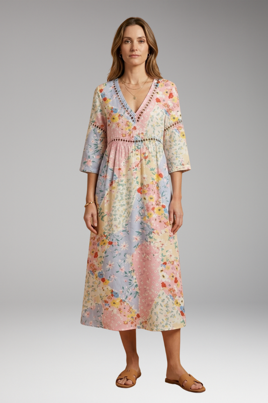 Women's Floral Patchwork Dress with V-Neckline and Relaxed Fit