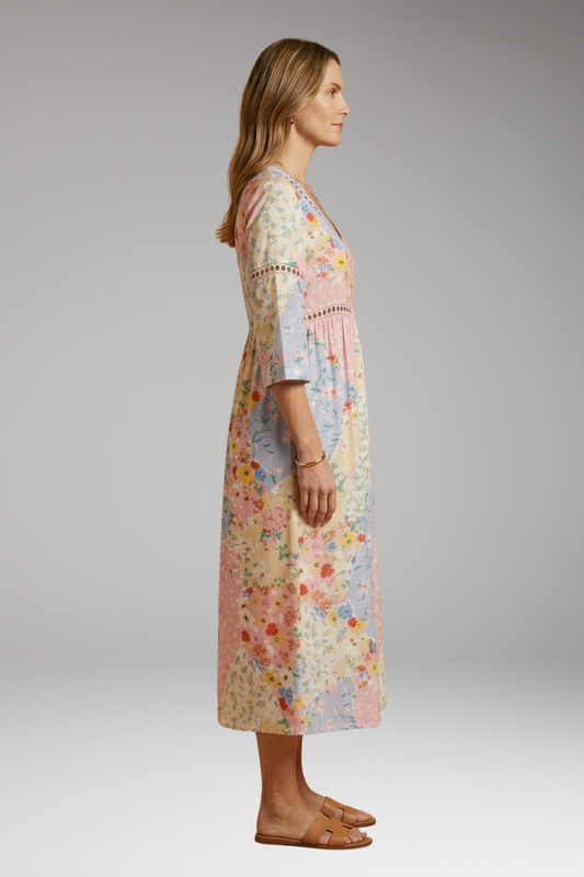 Women's Floral Patchwork Dress with V-Neckline and Relaxed Fit