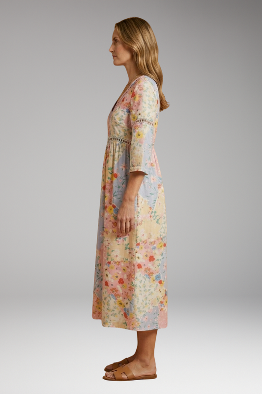 Women's Floral Patchwork Dress with V-Neckline and Relaxed Fit