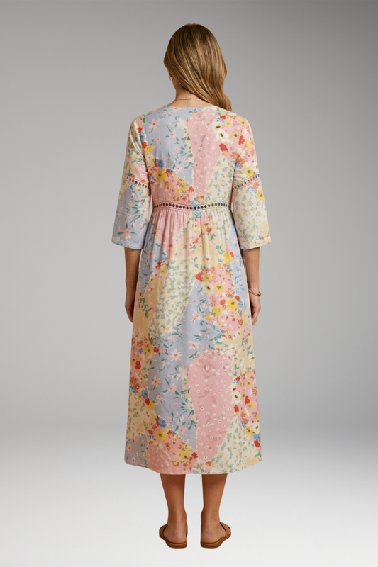 Women's Floral Patchwork Dress with V-Neckline and Relaxed Fit