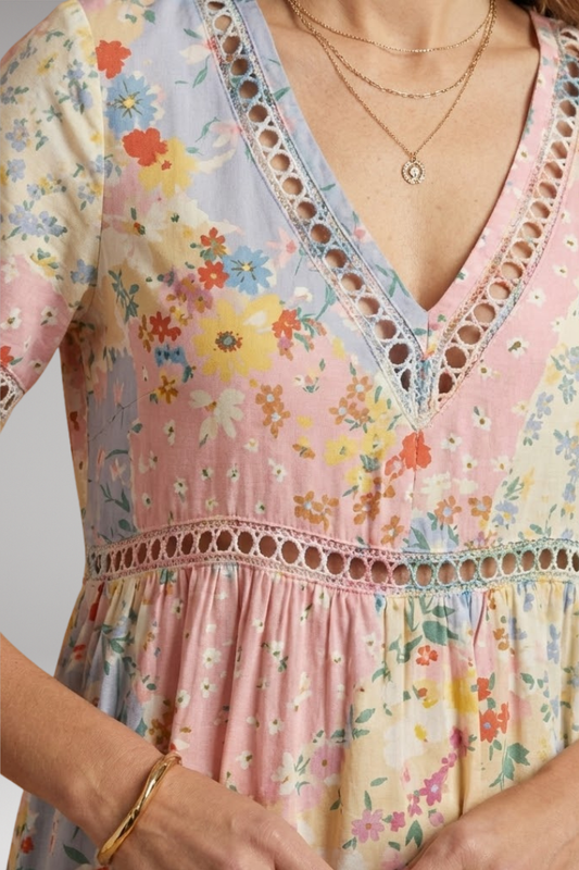Women's Floral Patchwork Dress with V-Neckline and Relaxed Fit