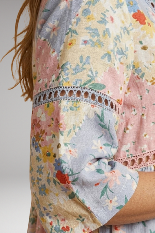Women's Floral Patchwork Dress with V-Neckline and Relaxed Fit