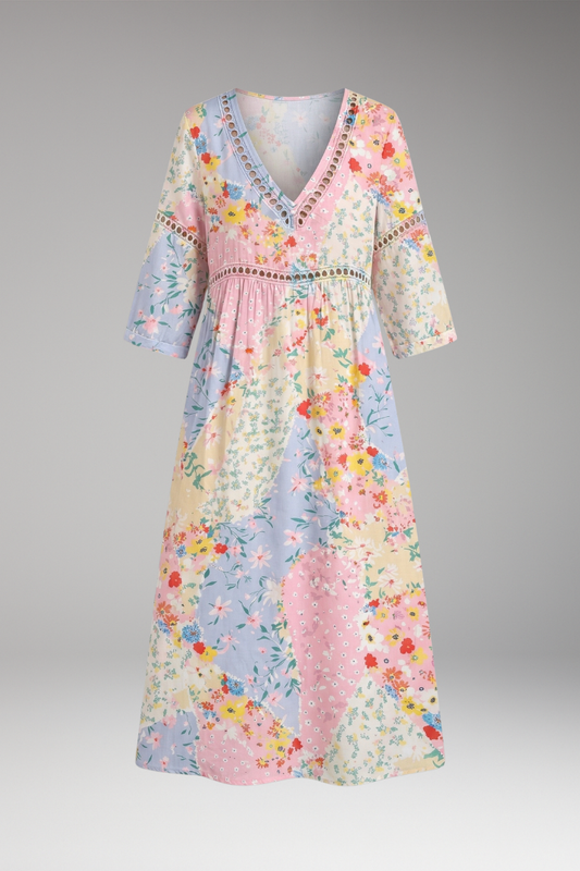 Women's Floral Patchwork Dress with V-Neckline and Relaxed Fit