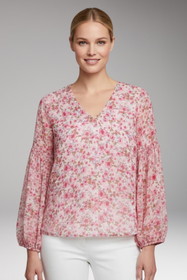 Women's Floral Pattern Blouse with V Neck and Long Sleeves