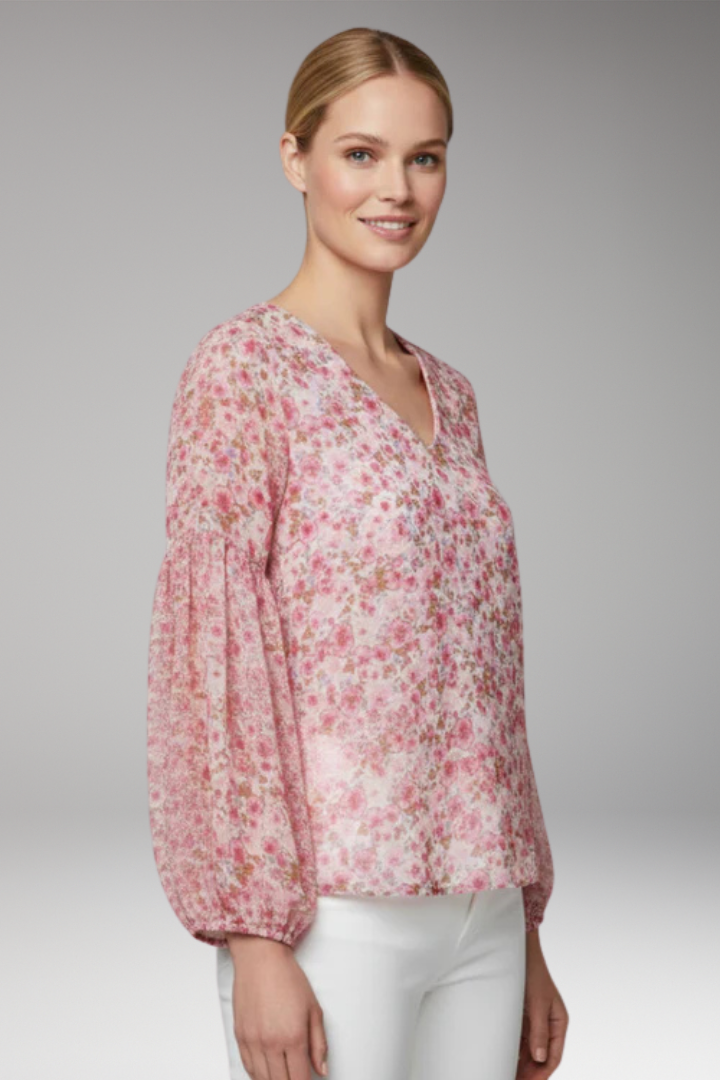 Women's Floral Pattern Blouse with V Neck and Long Sleeves