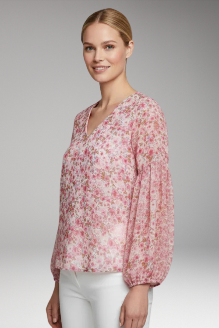 Women's Floral Pattern Blouse with V Neck and Long Sleeves