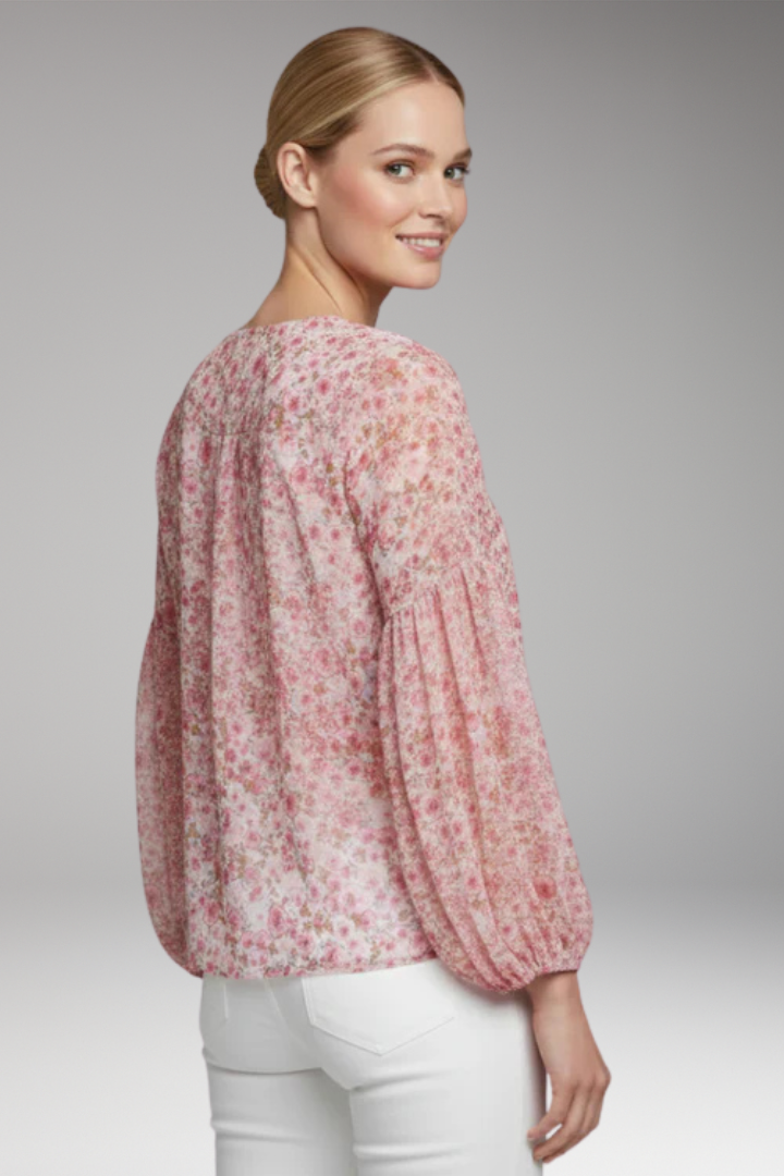 Women's Floral Pattern Blouse with V Neck and Long Sleeves