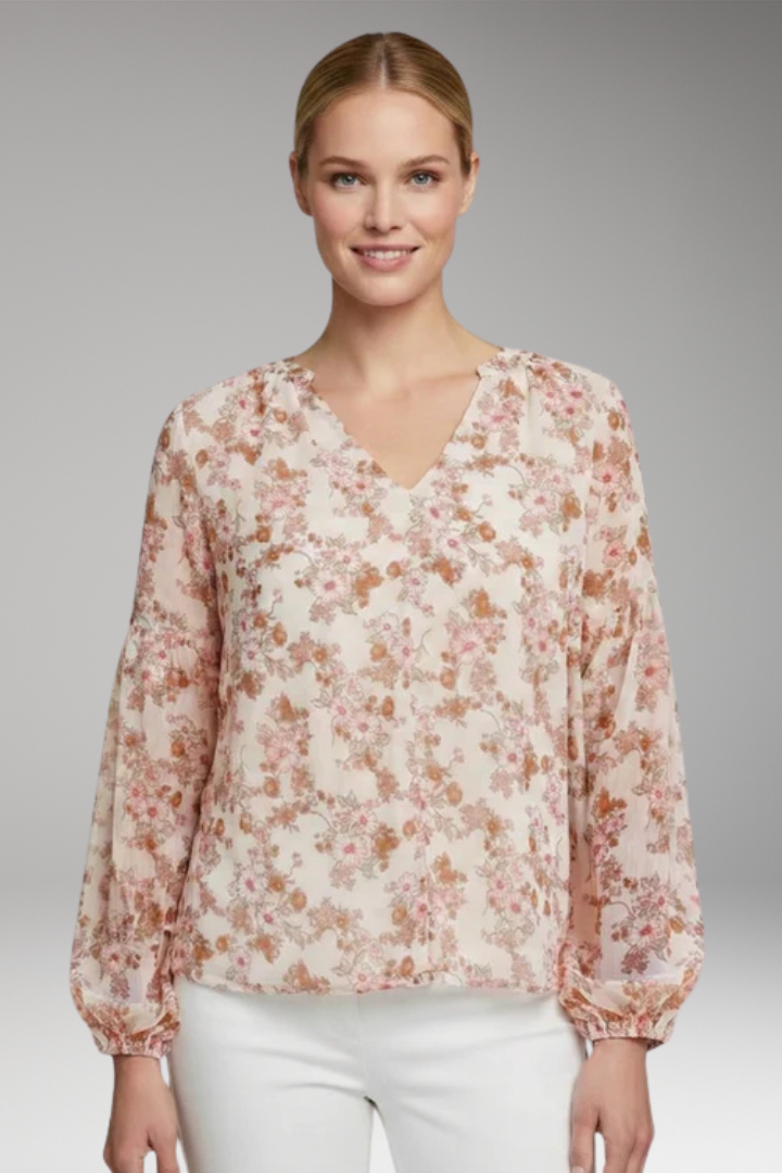 Women's Floral Pattern Blouse with V Neck and Long Sleeves