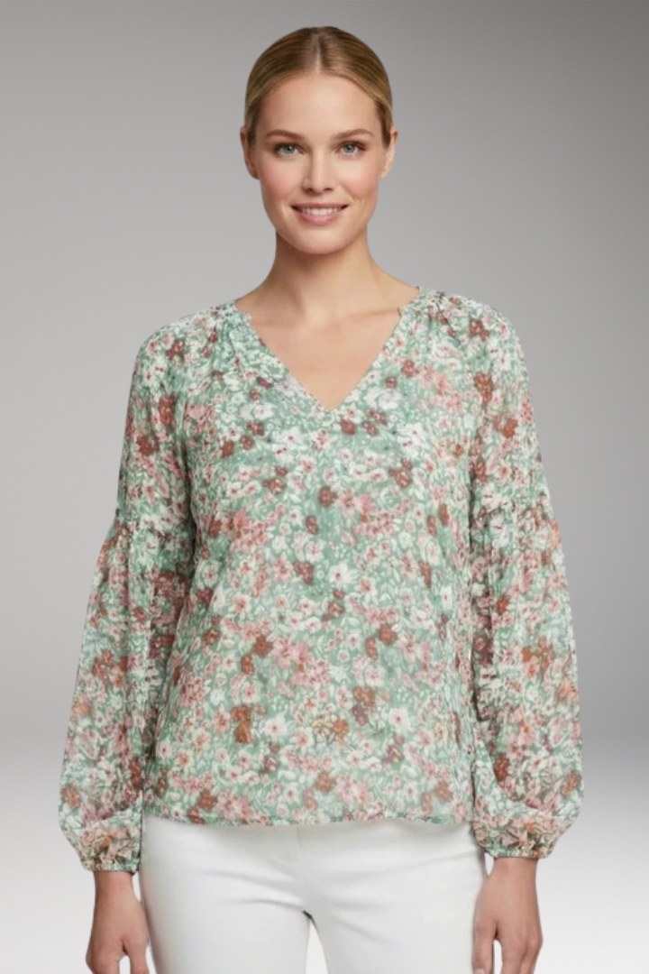 Women's Floral Pattern Blouse with V Neck and Long Sleeves