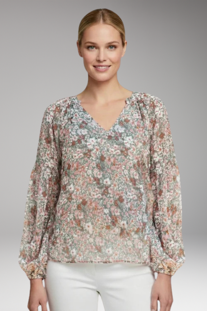 Women's Floral Pattern Blouse with V Neck and Long Sleeves
