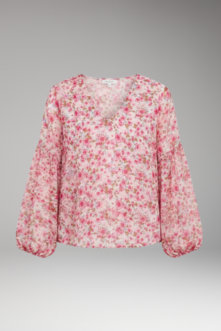 Women's Floral Pattern Blouse with V Neck and Long Sleeves