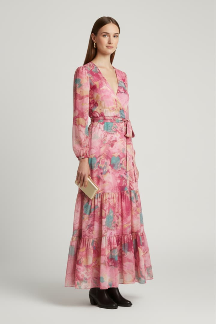 Women’s Floral Wrap Maxi Dress with Long Sleeves