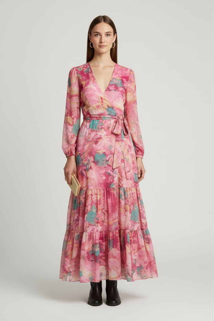Women’s Floral Wrap Maxi Dress with Long Sleeves