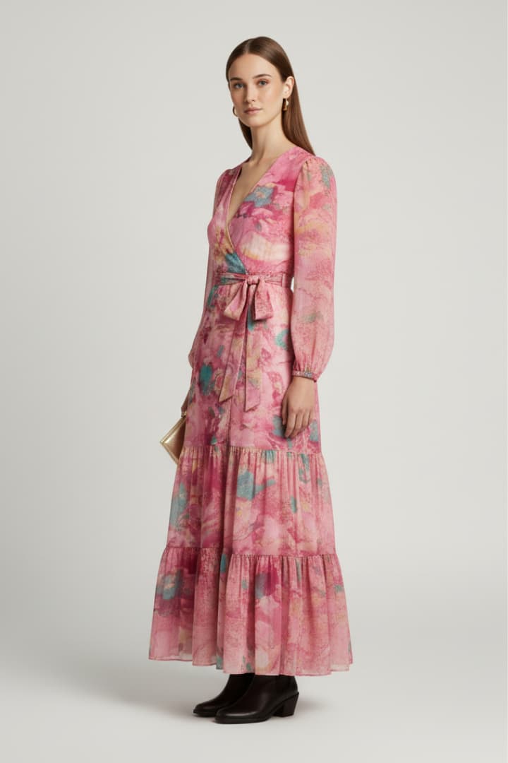 Women’s Floral Wrap Maxi Dress with Long Sleeves