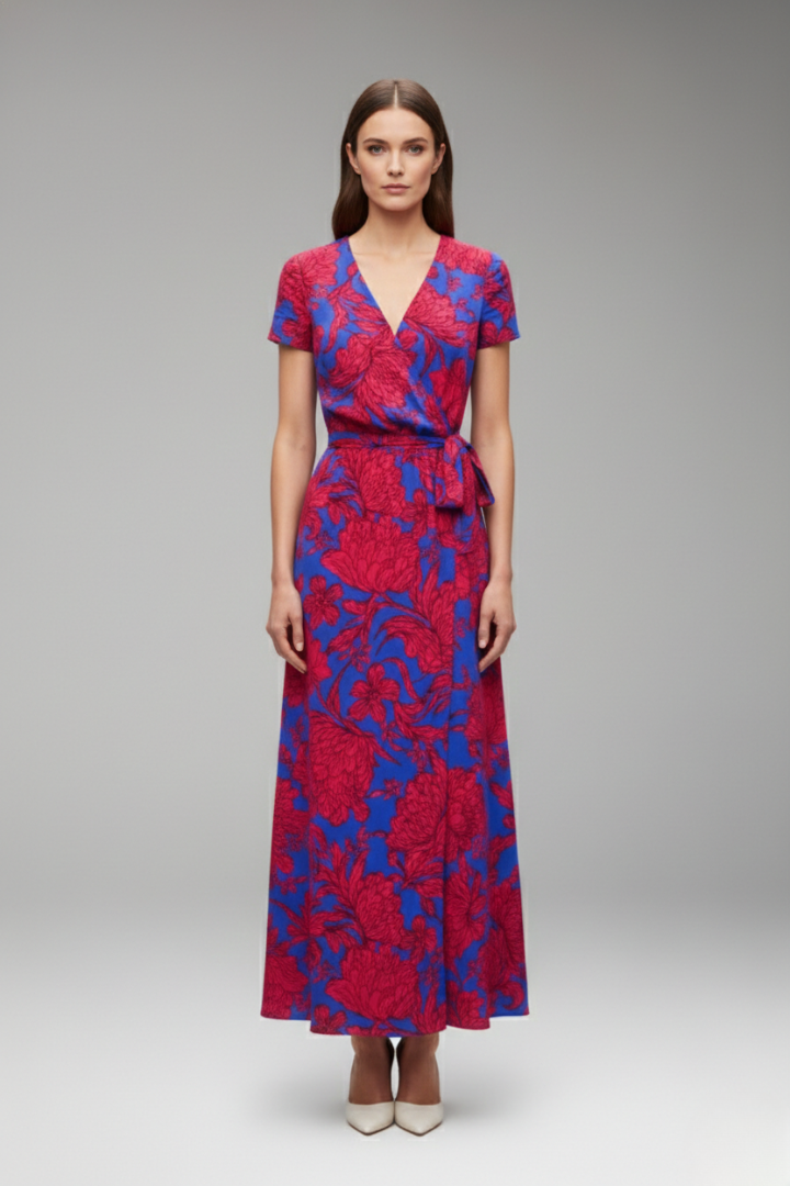 Women's Flower Wrap Dress with Waist Belt and Floral Pattern