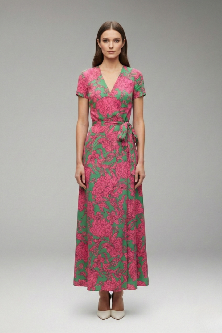 Women's Flower Wrap Dress with Waist Belt and Floral Pattern