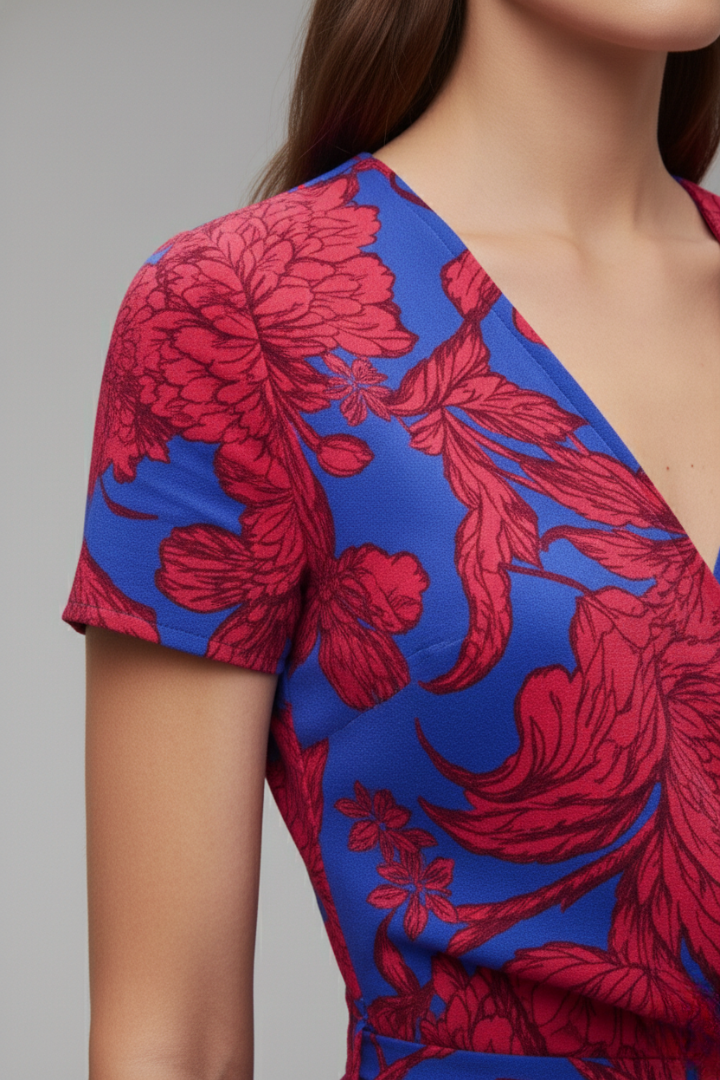 Women's Flower Wrap Dress with Waist Belt and Floral Pattern