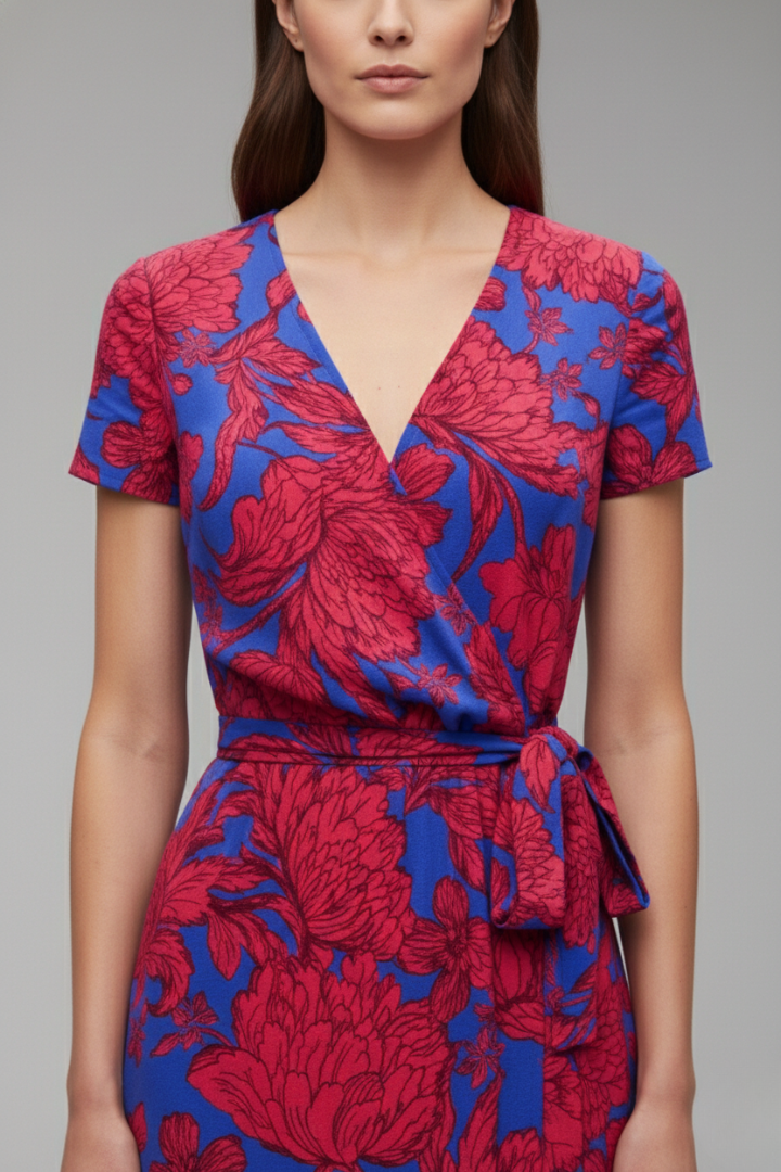 Women's Flower Wrap Dress with Waist Belt and Floral Pattern