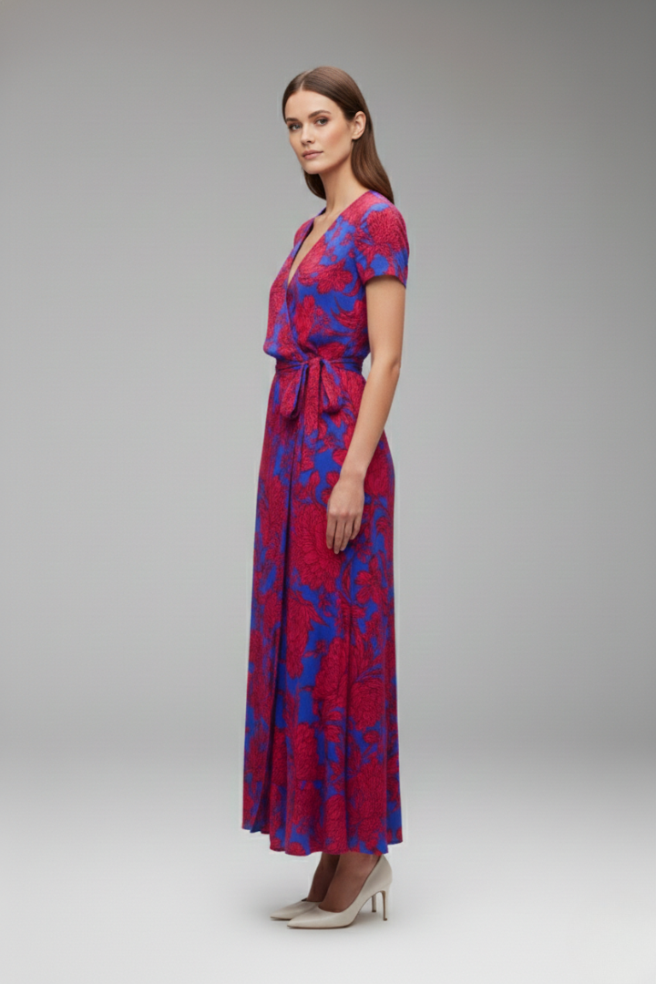 Women's Flower Wrap Dress with Waist Belt and Floral Pattern