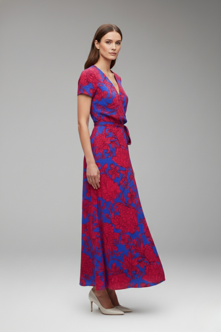 Women's Flower Wrap Dress with Waist Belt and Floral Pattern