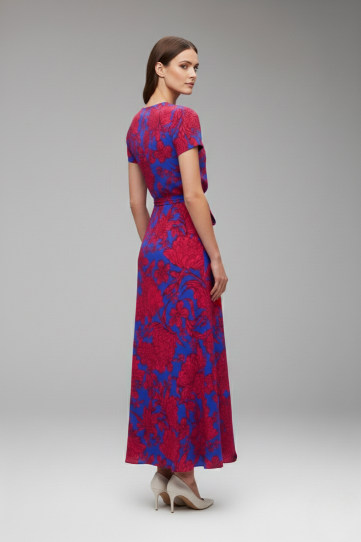 Women's Flower Wrap Dress with Waist Belt and Floral Pattern