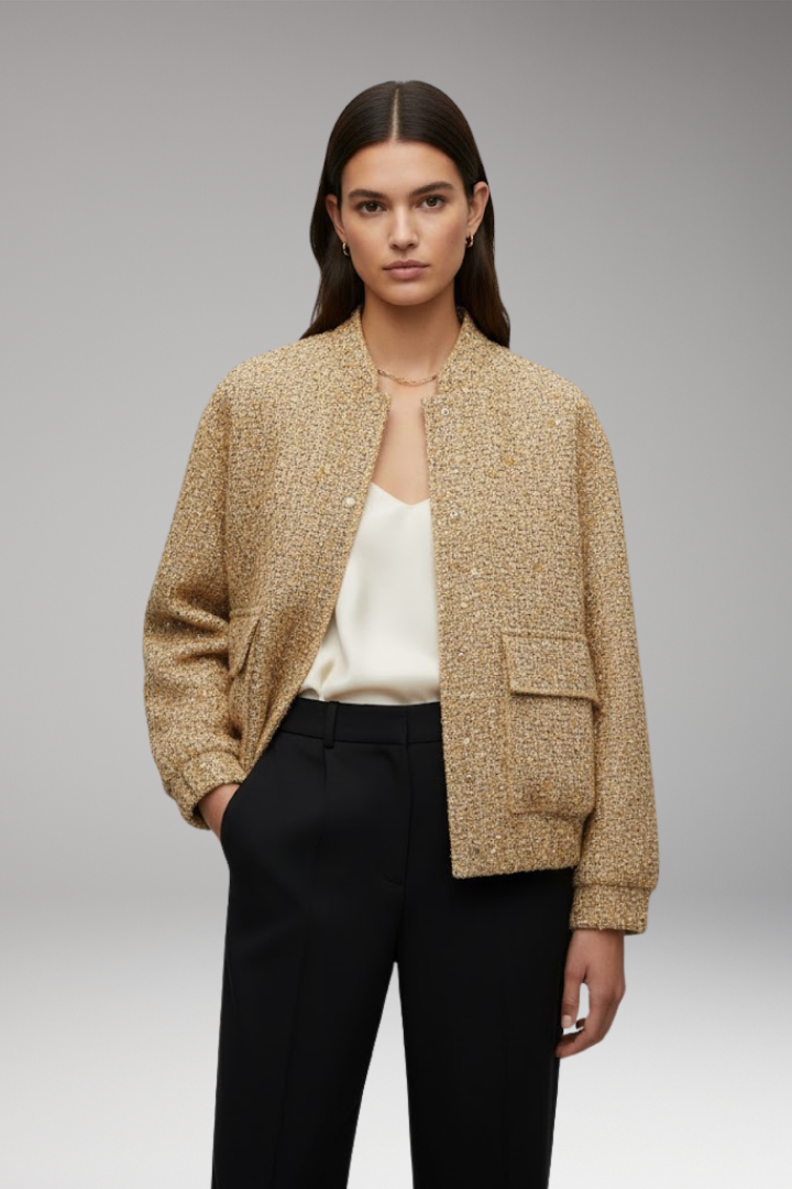 Women’s Glitter Bomber Jacket with Front Zipper and Sequins