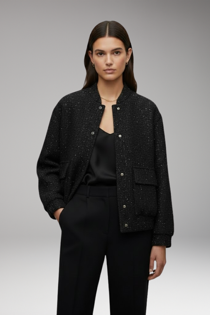 Women’s Glitter Bomber Jacket with Front Zipper and Sequins