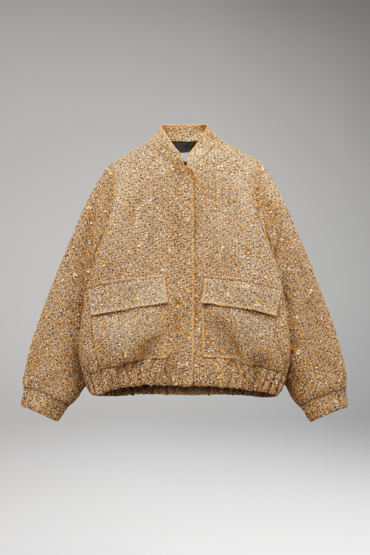 Women’s Glitter Bomber Jacket with Front Zipper and Sequins