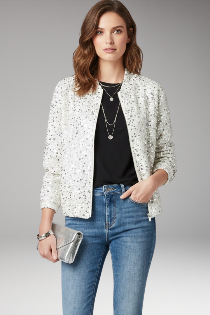 Women’s Glitter Bomber Jacket with Zipper and Stand Collar