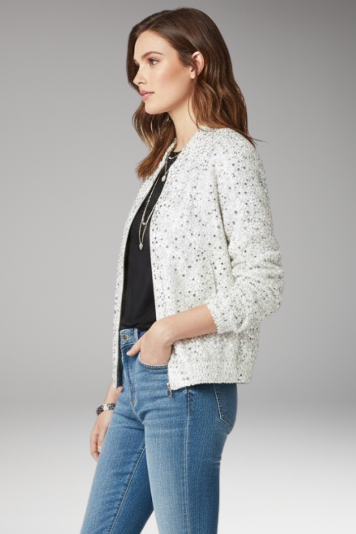 Women’s Glitter Bomber Jacket with Zipper and Stand Collar