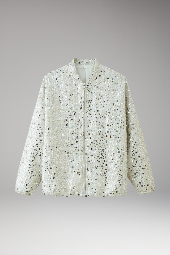 Women’s Glitter Bomber Jacket with Zipper and Stand Collar