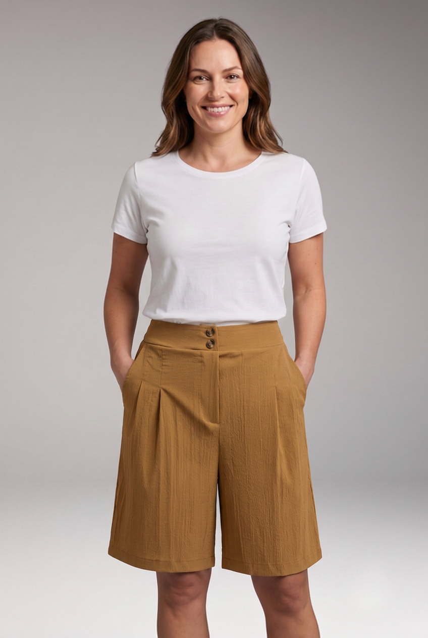 Women’s High-Waisted Bermuda Shorts with Double Button Waistband