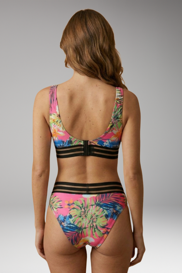 Women’s High-Waisted Bikini Set with Tropical Print and Elastic Waistband