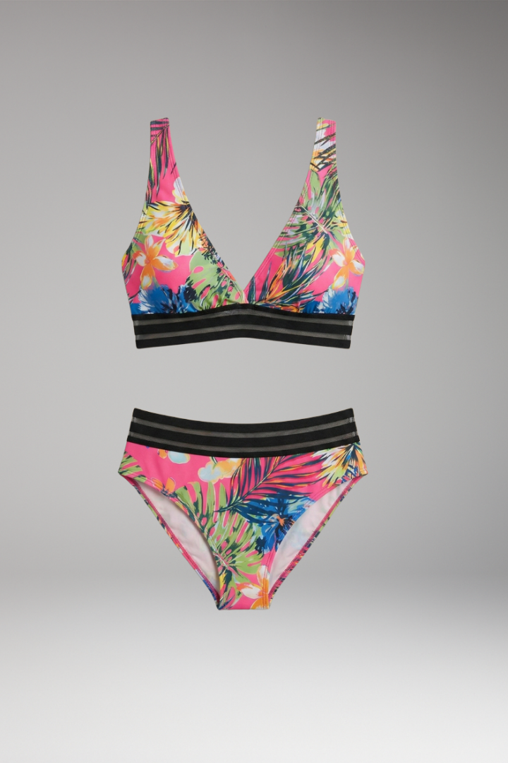 Women’s High-Waisted Bikini Set with Tropical Print and Elastic Waistband