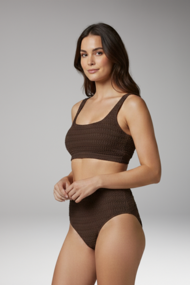 Women’s High-Waisted Bikini with Textured Fabric and Spaghetti Straps