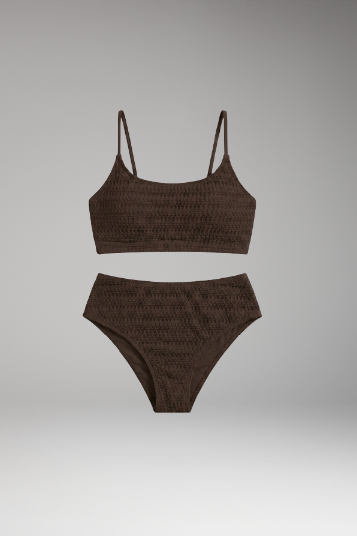 Women’s High-Waisted Bikini with Textured Fabric and Spaghetti Straps