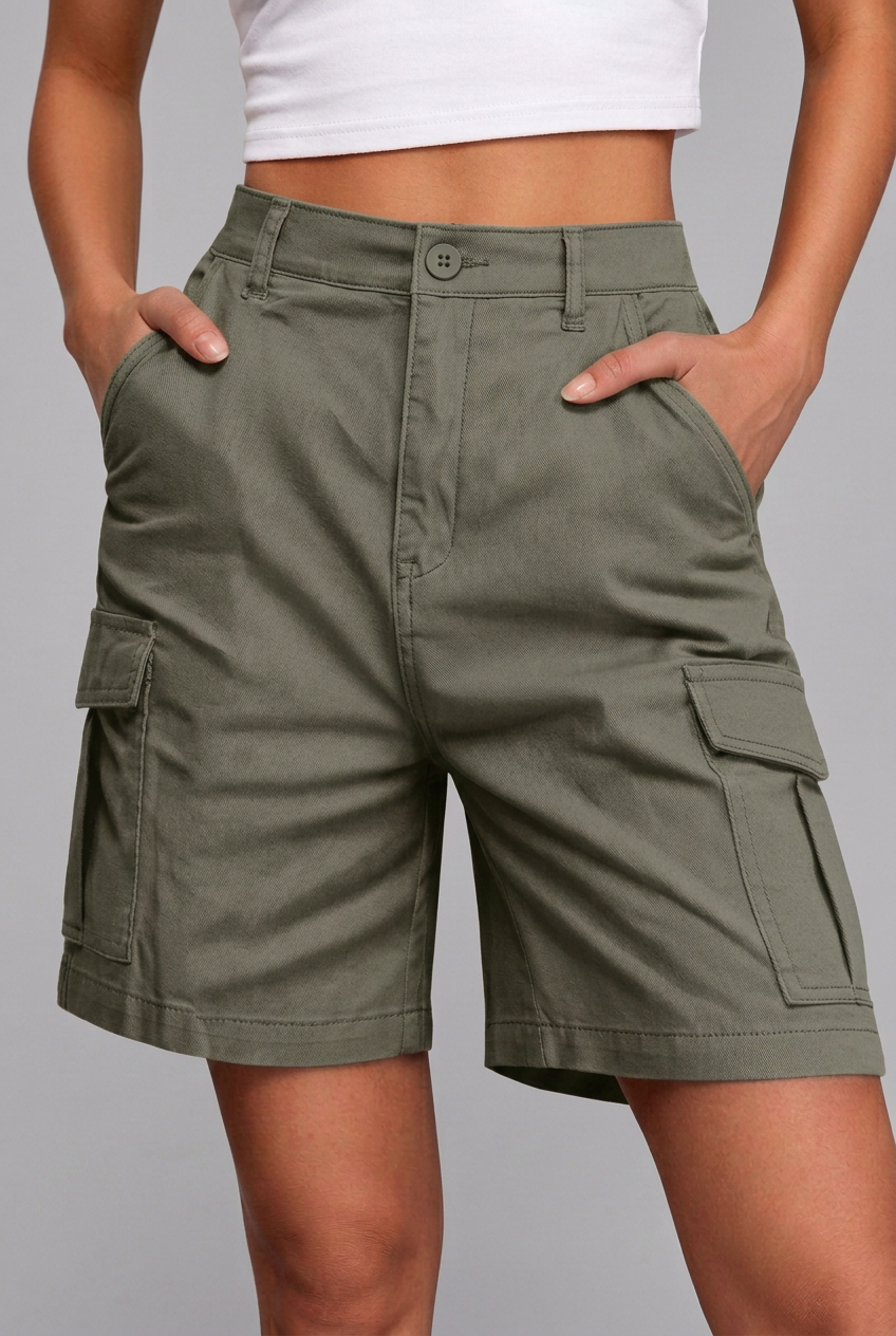 Women's High-Waisted Bermuda Cargo Shorts with Utility and Back Flap Pockets