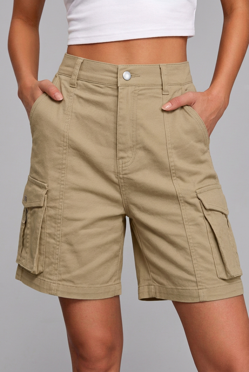 Women's High-Waisted Bermuda Cargo Shorts with Utility and Back Flap Pockets