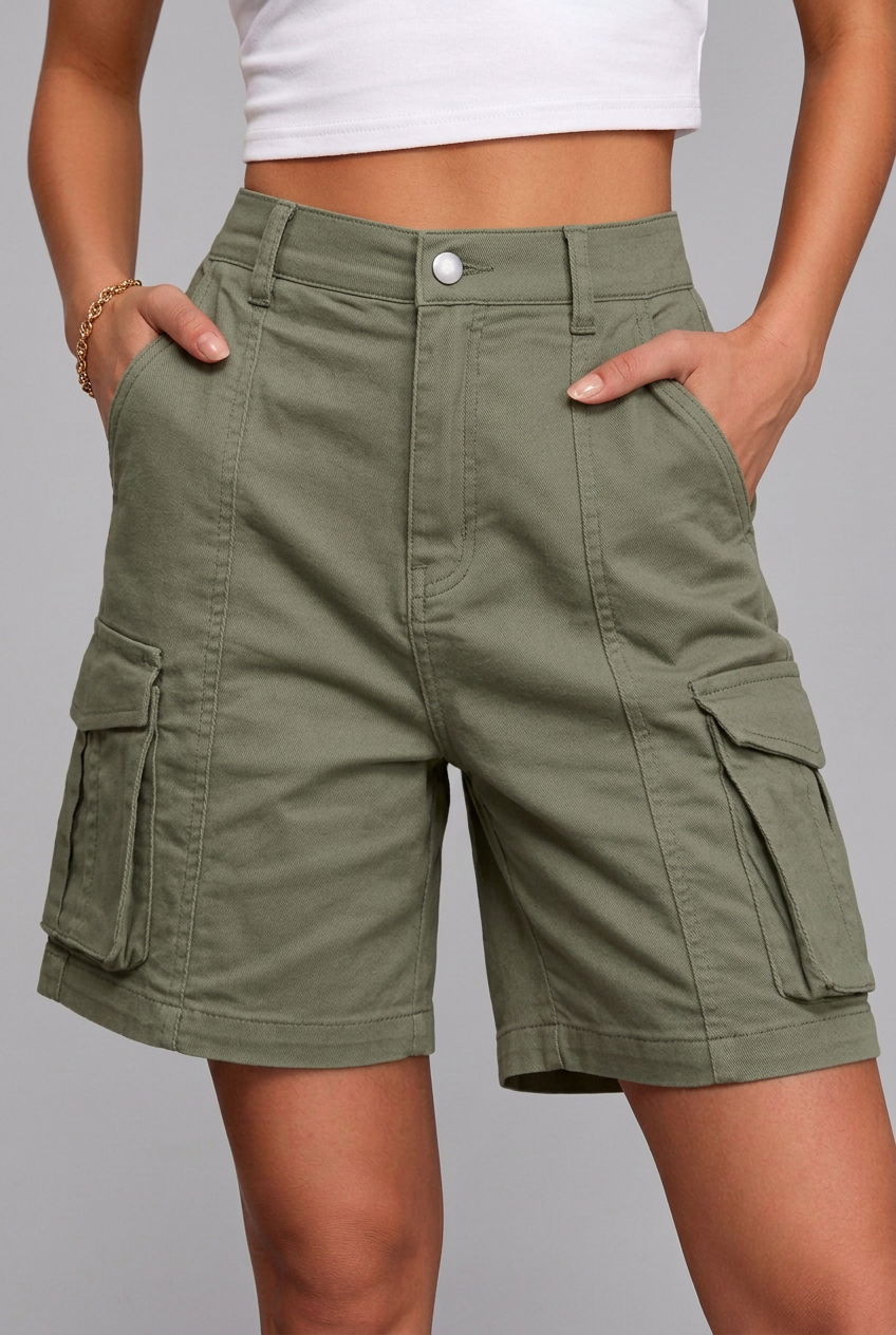 Women's High-Waisted Bermuda Cargo Shorts with Utility and Back Flap Pockets
